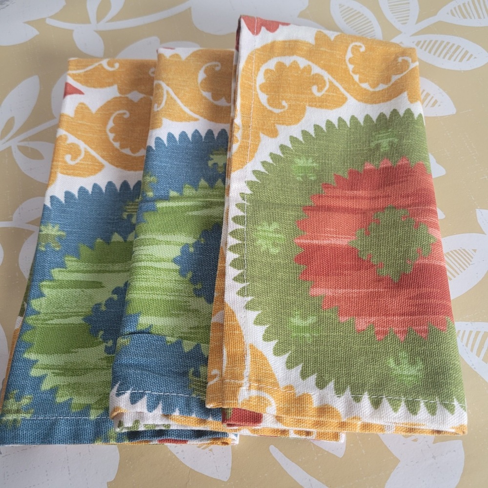 World Market Set Of 3 Cotton Cloth Napkins Gold Blue Olive & Red  20x20 Boho